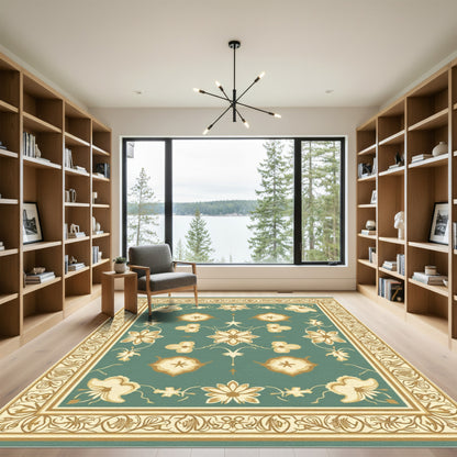 Golden Floral Border Teal Rug