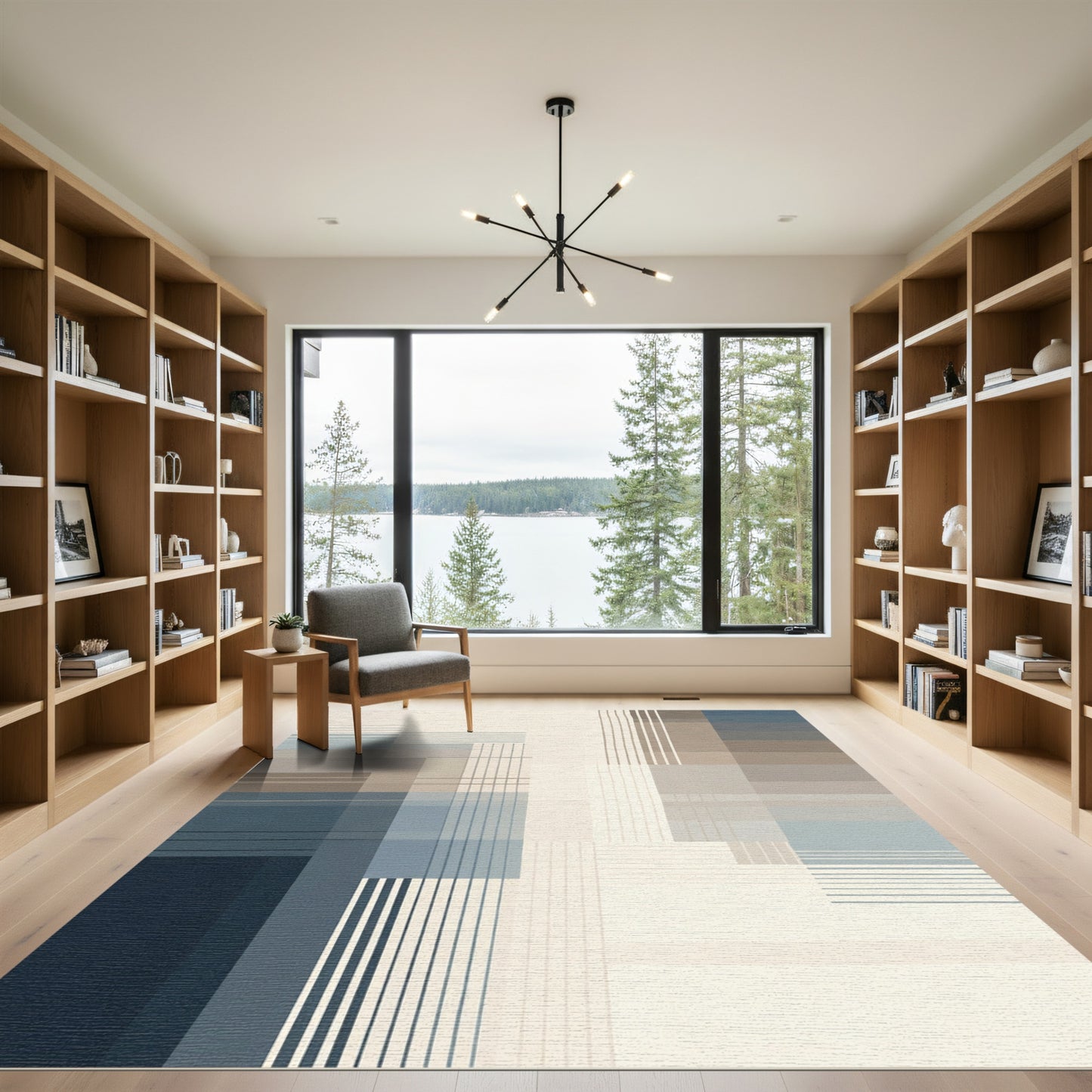 Modern Abstract Blue Tan Geometric Rug
