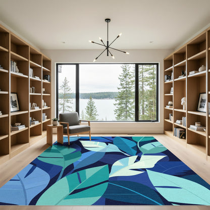 Deep Blue Tropical Leaves Rug