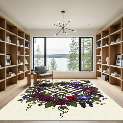 Botanical Vineyard Rose and Morning Glory Wreath Rug