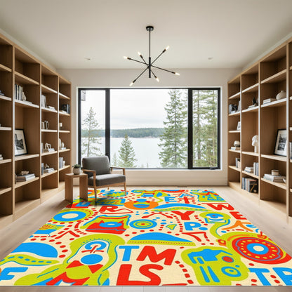 Bright Red Blue Green Alphabet Collage Rug