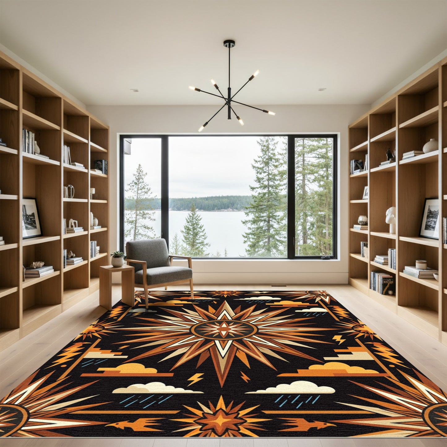 Celestial Golden Sunburst Geometric Art Rug