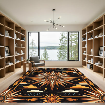 Celestial Golden Sunburst Geometric Art Rug
