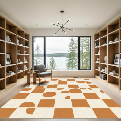 Terracotta Cream Abstract Checkered Shapes Rug