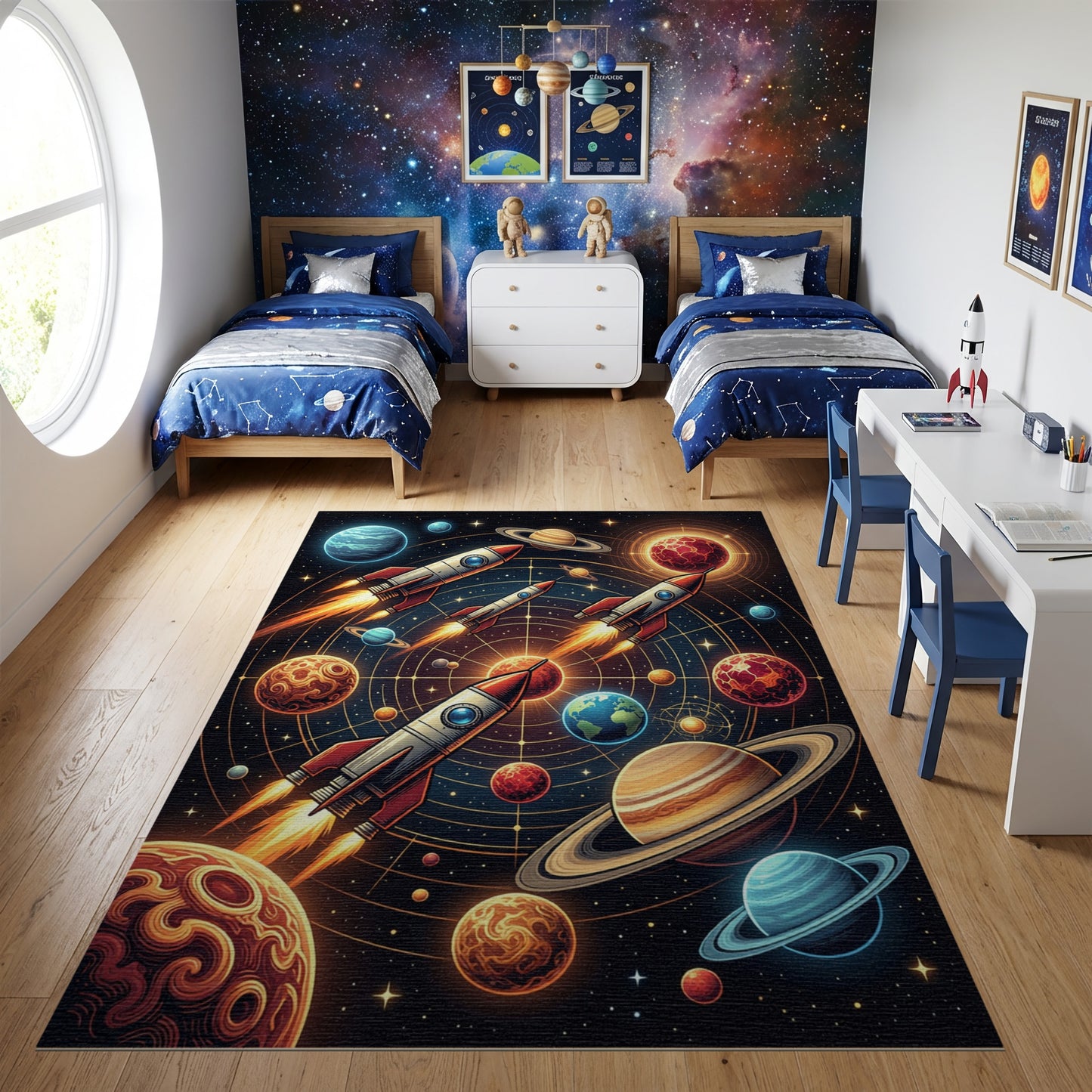 Vibrant Neon Rockets Planets Rug