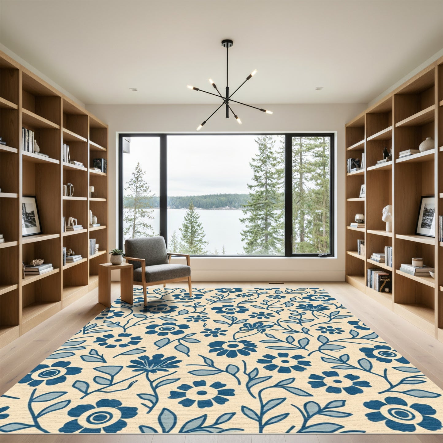 Blue Floral Vine Cream Rug