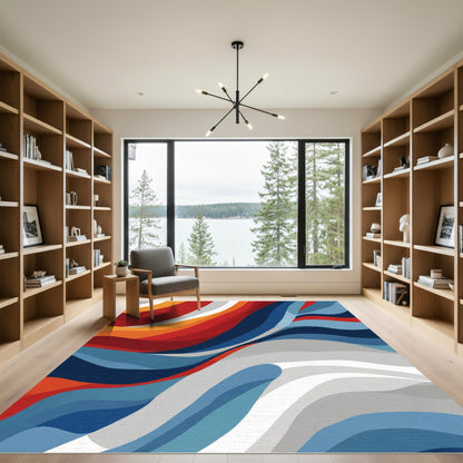 Red Blue White Abstract Flow Rug