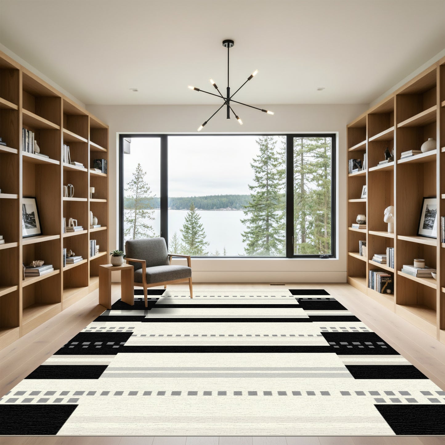 Black Cream Gray Pixel Stripe Rug