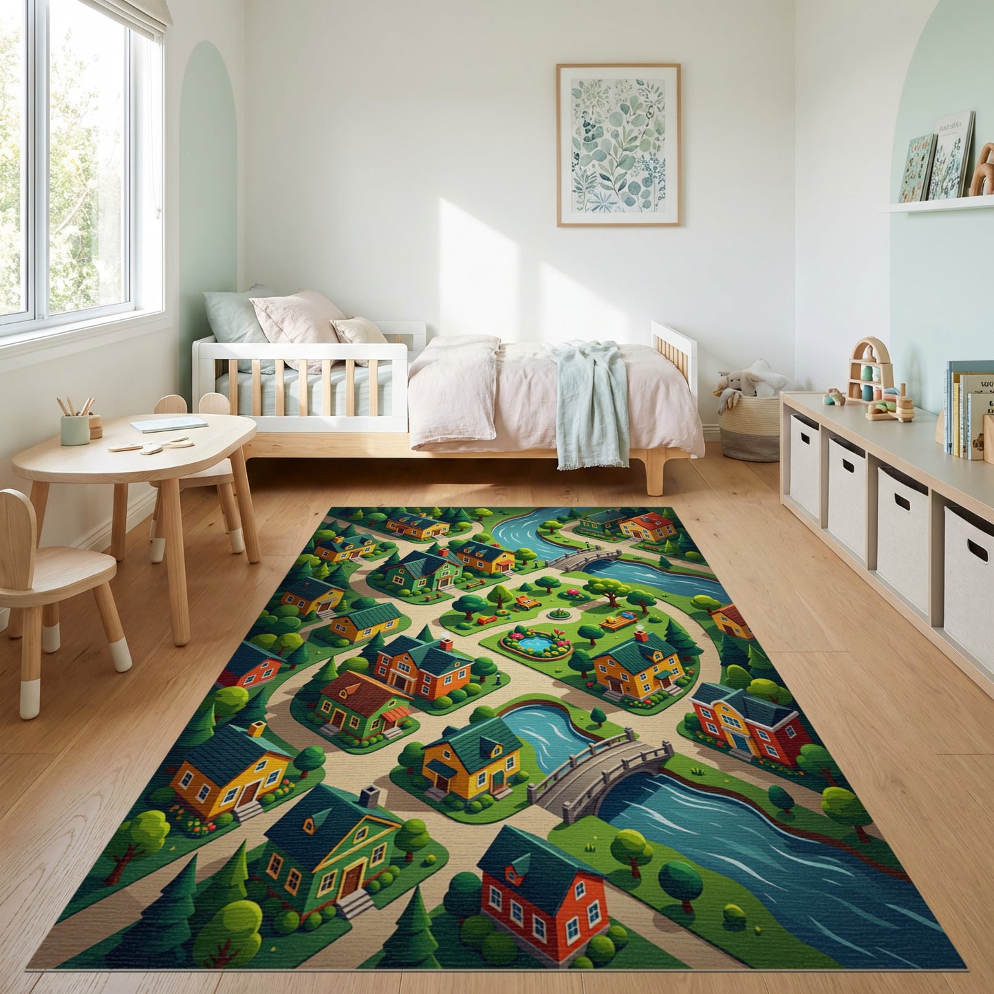 Whimsical Colorful Village River Forest Rug