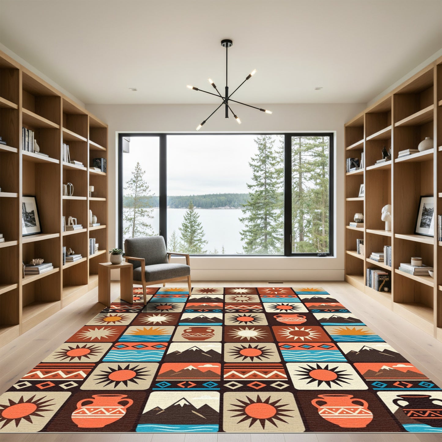 Southwestern Earthy Sun Mountain Geometric Grid Rug