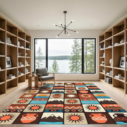 Southwestern Earthy Sun Mountain Geometric Grid Rug
