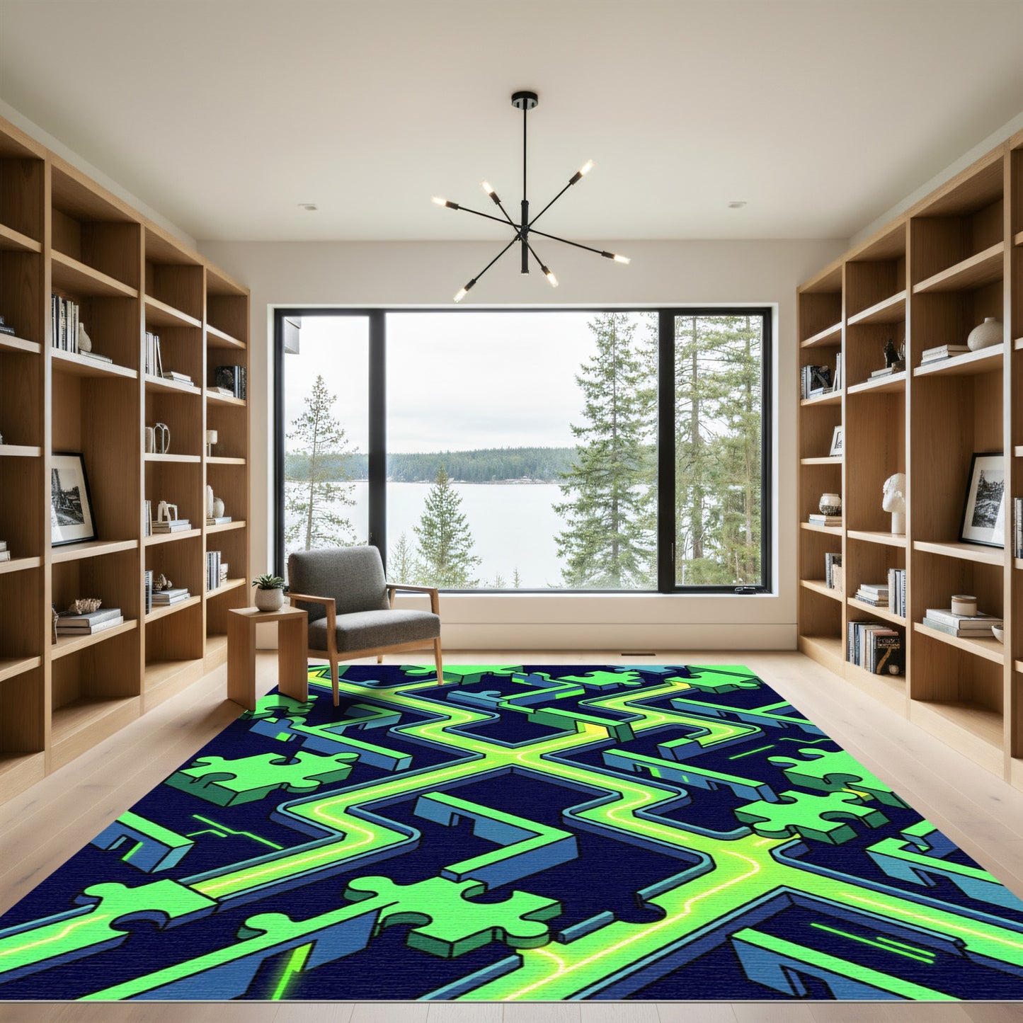 Neon Puzzle Corridor Glowing Geometry Rug