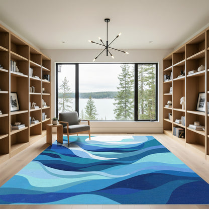 Abstract Blue Ocean Wave Layers Rug