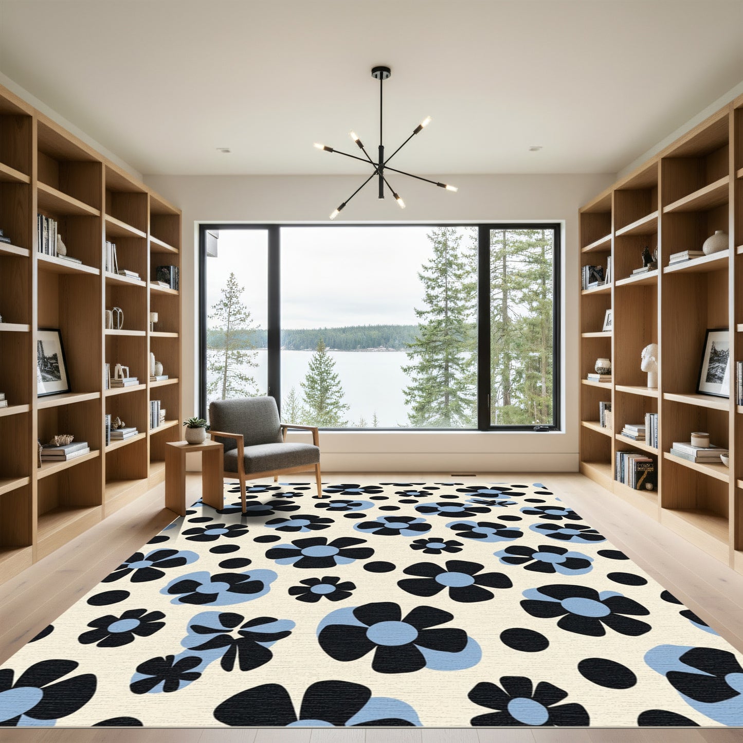 Retro Black Blue Pop Flower Rug