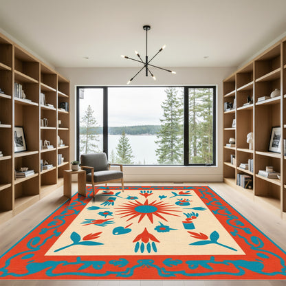 Red Teal Sun Folk Art Rug