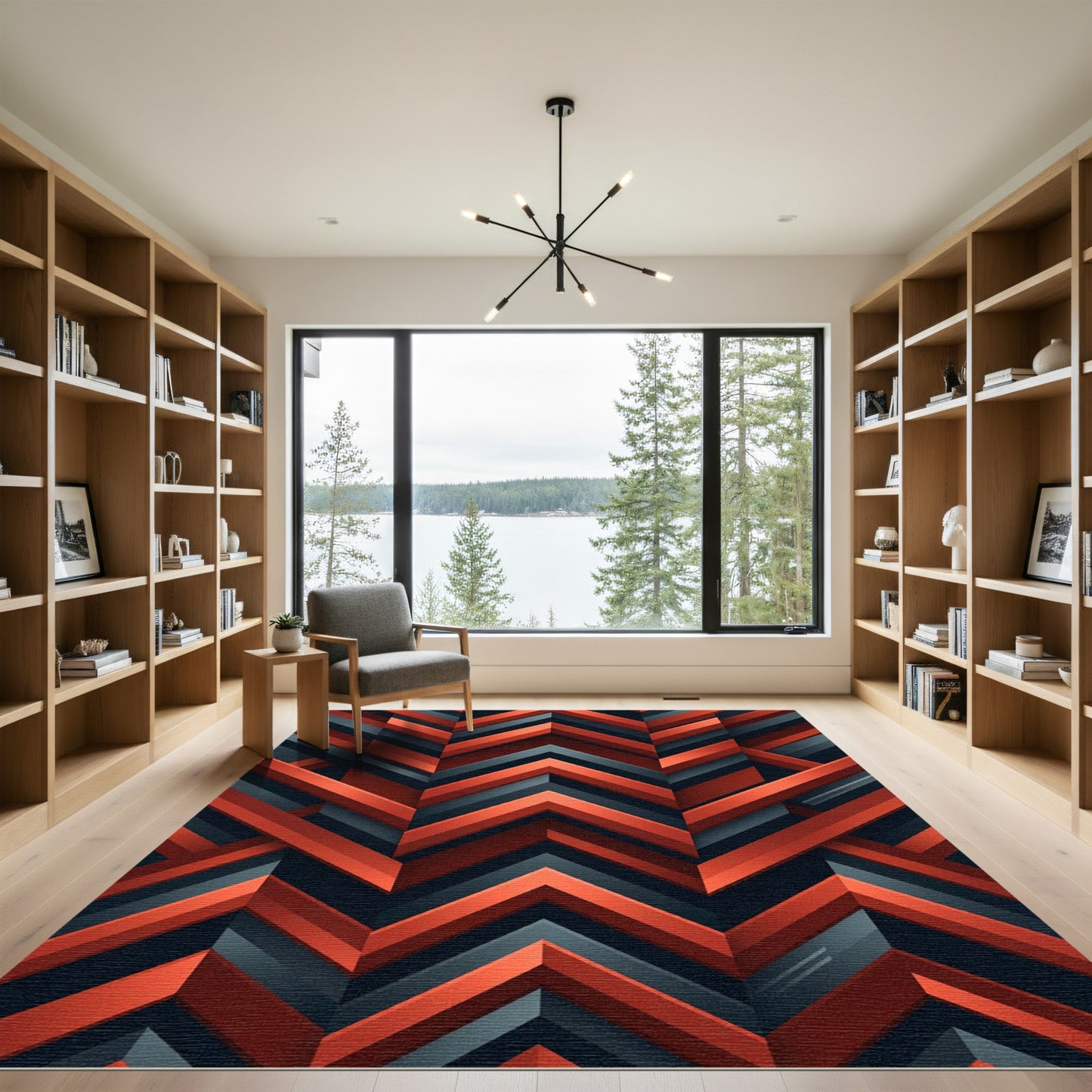 Red Teal Geometric Chevron Rug
