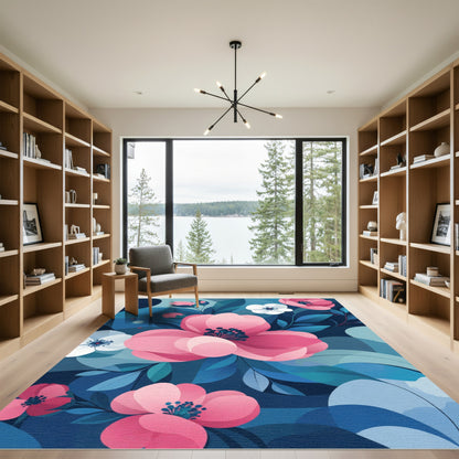 Pink Floral Blue Background Abstract Rug