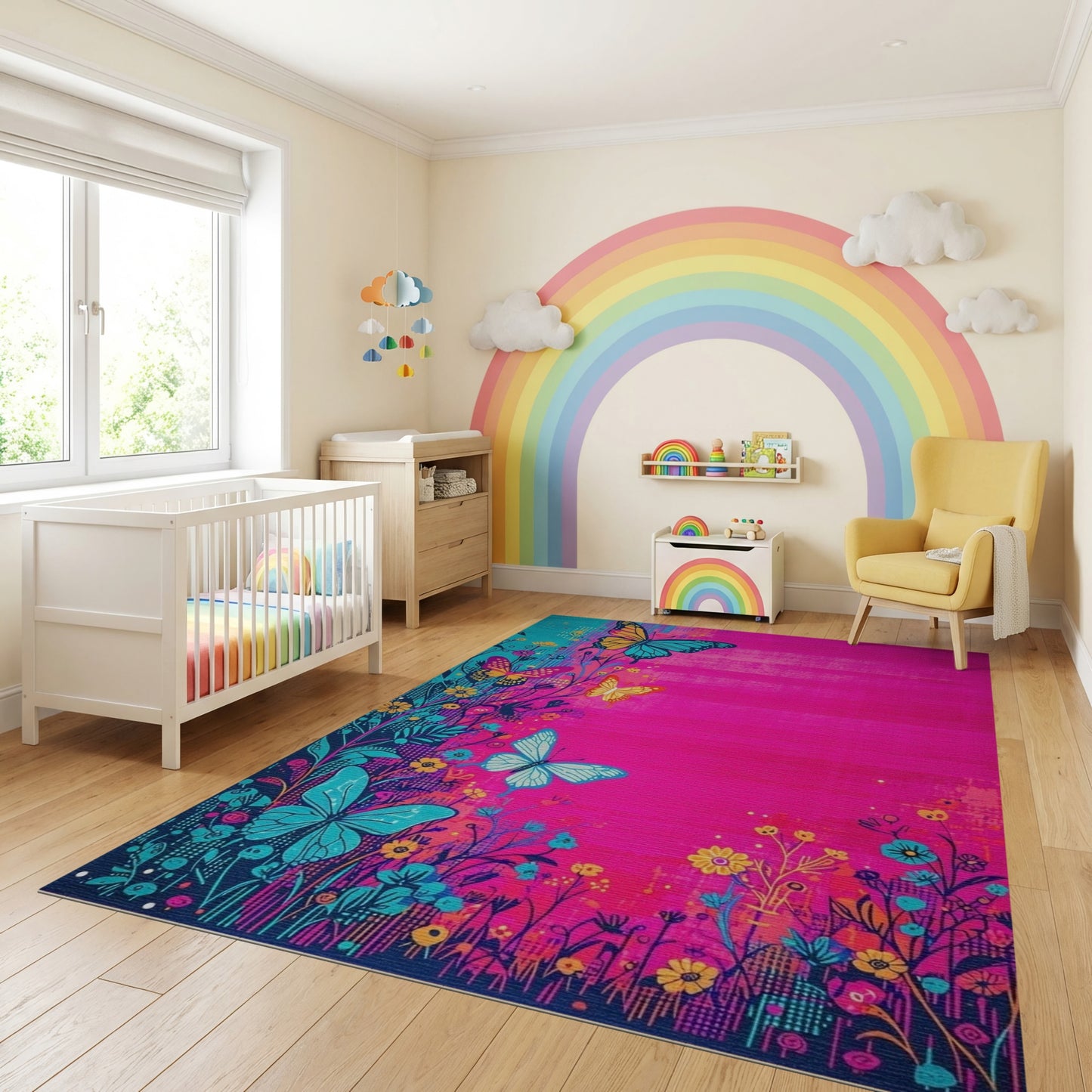 Vibrant Pink Teal Butterfly Floral Rug