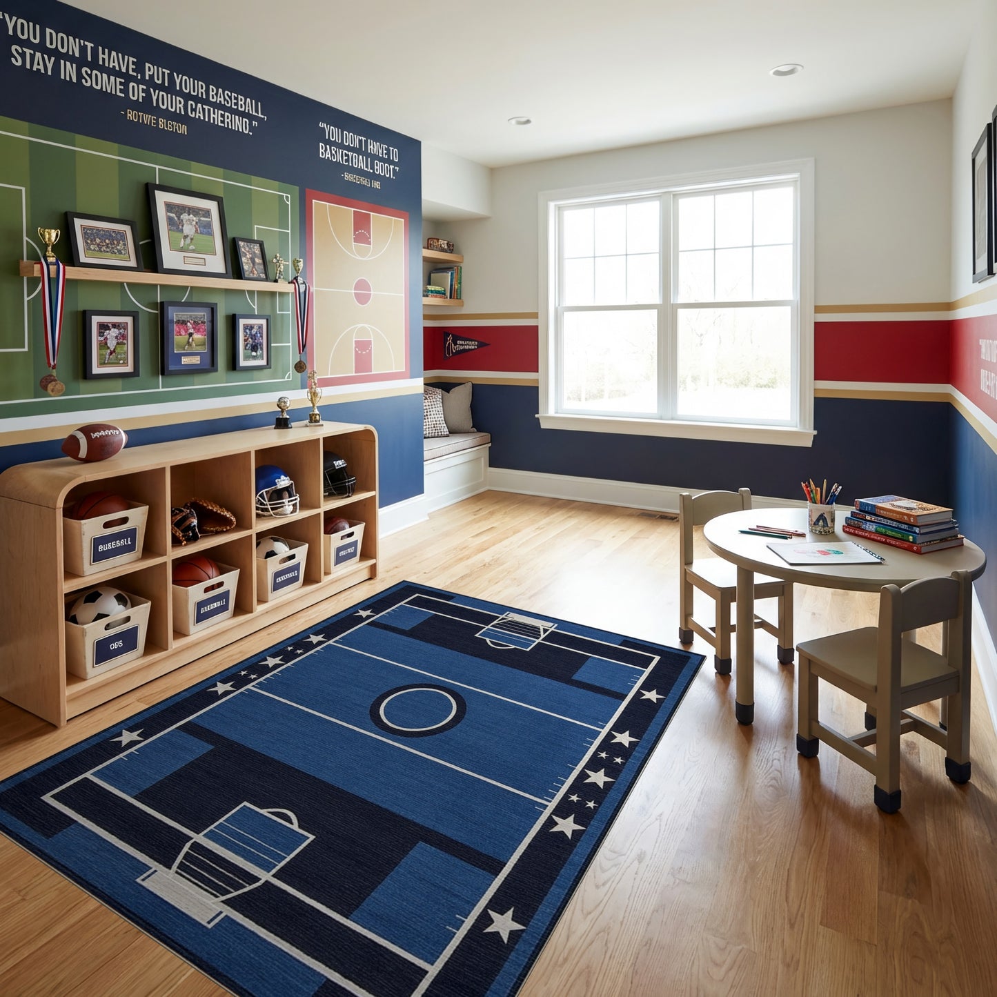 Navy Basketball Court Hoops Stars Rug