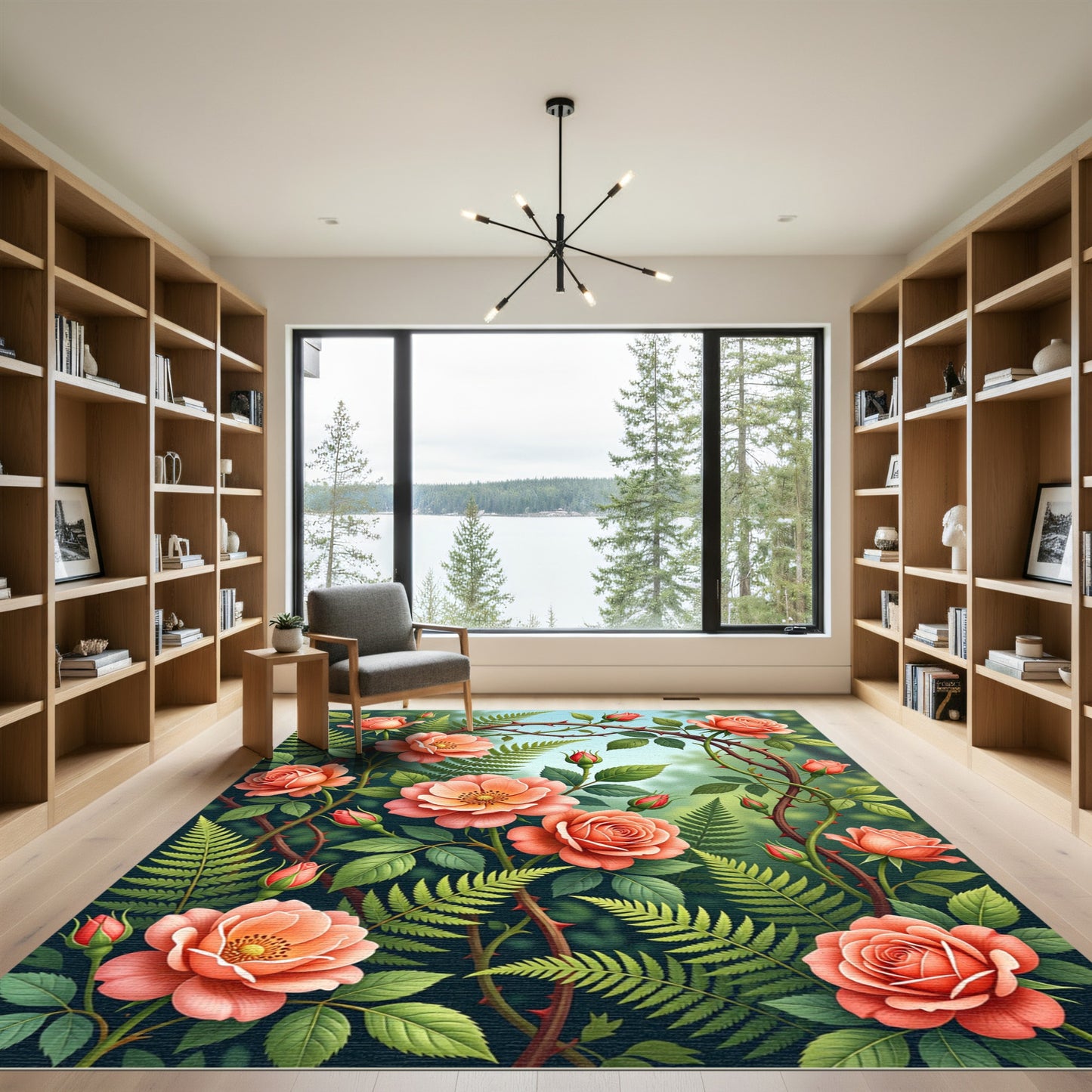 Coral Rose and Fern Botanical Art Rug