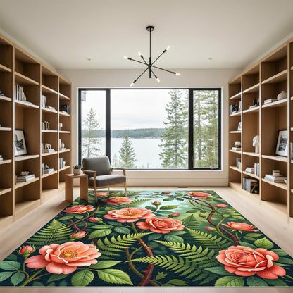 Coral Rose and Fern Botanical Art Rug