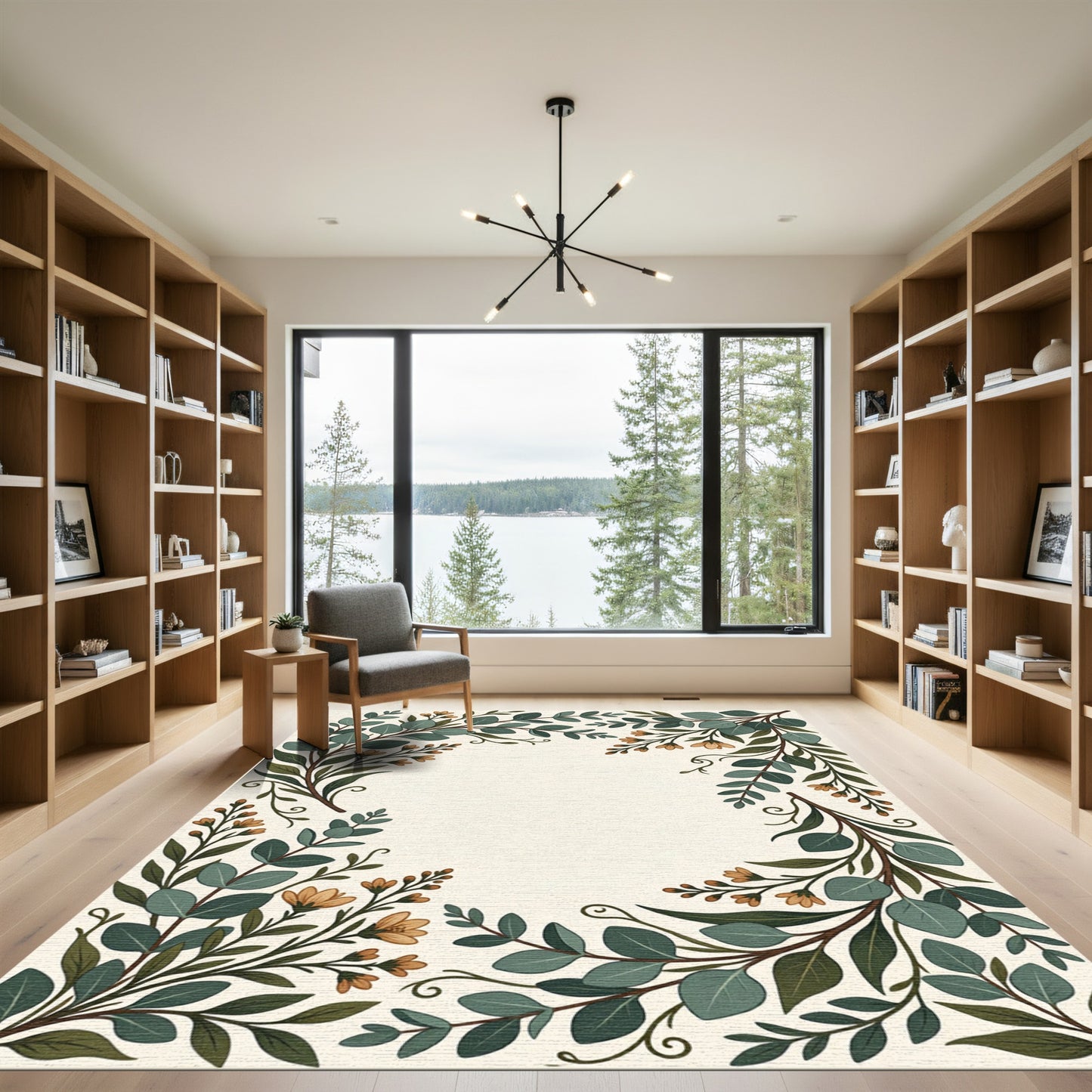 Earthy Green Floral Leaf Arrangement Rug