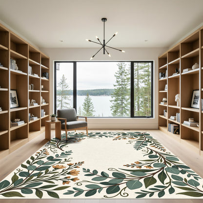 Earthy Green Floral Leaf Arrangement Rug
