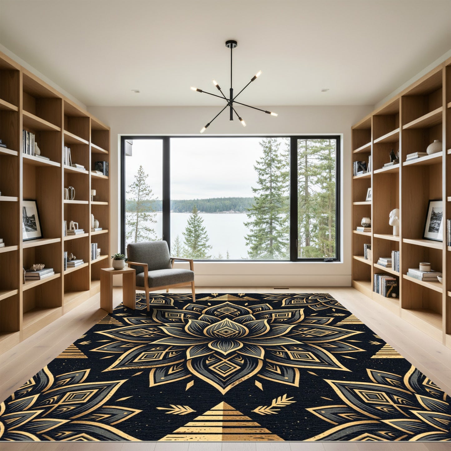 Ornate Gold Lotus Black Geometric Mandala Rug