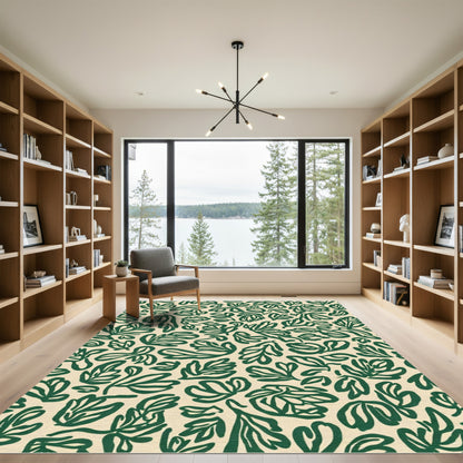 Dark Green Leafy Abstract Pattern Rug