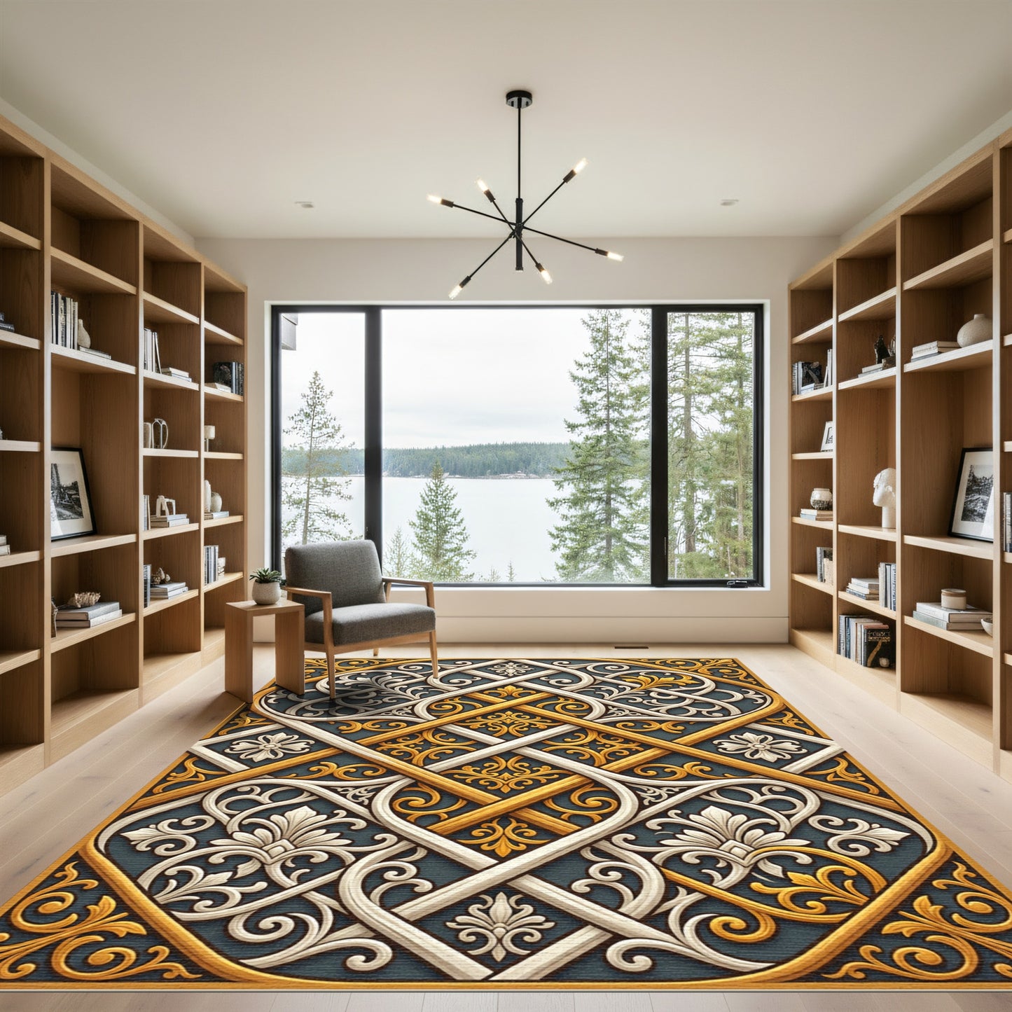 Gold White Intertwined Floral Scroll Rug