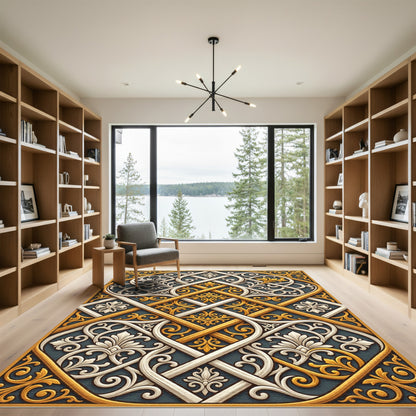 Gold White Intertwined Floral Scroll Rug