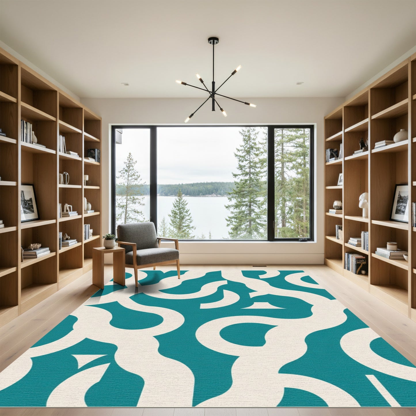 Teal White Interlocking Curves Rug