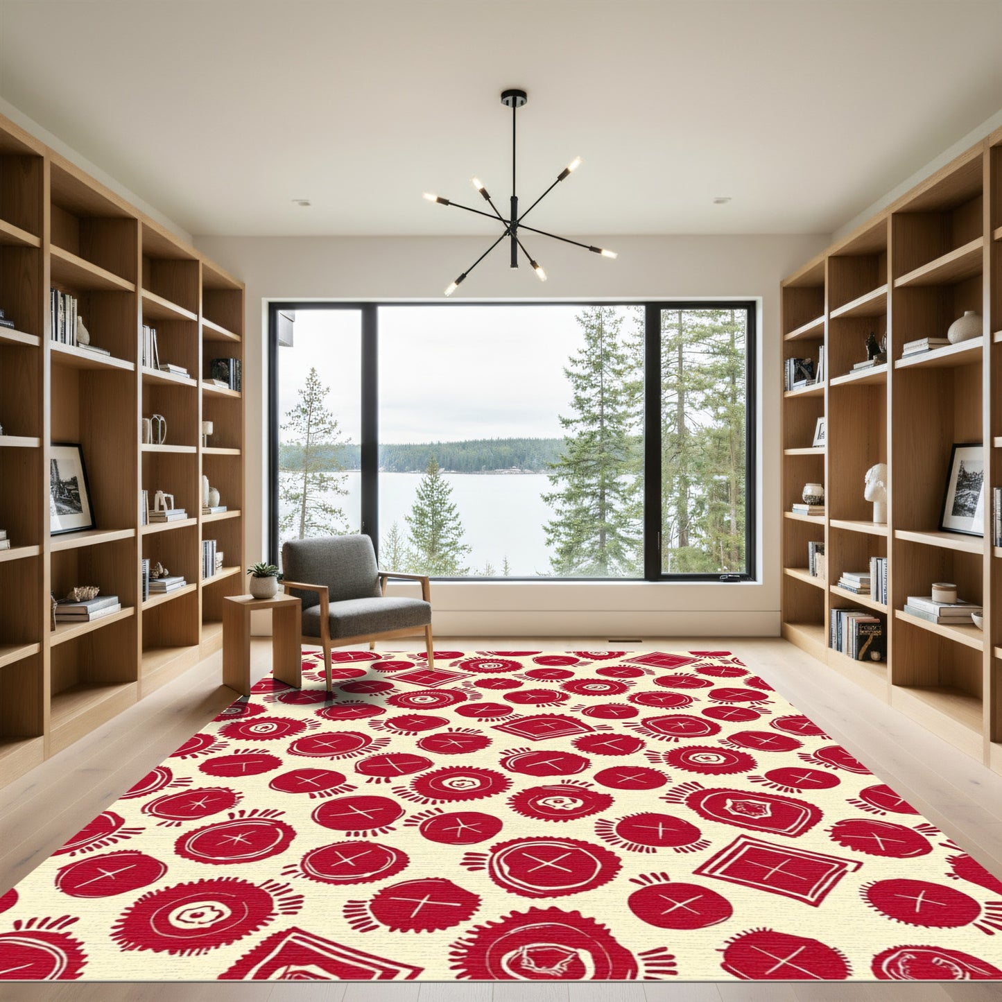 Crimson Circles And Squares Whimsical Pattern Rug