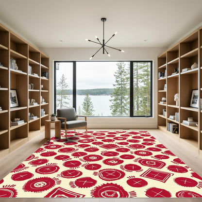 Crimson Circles And Squares Whimsical Pattern Rug