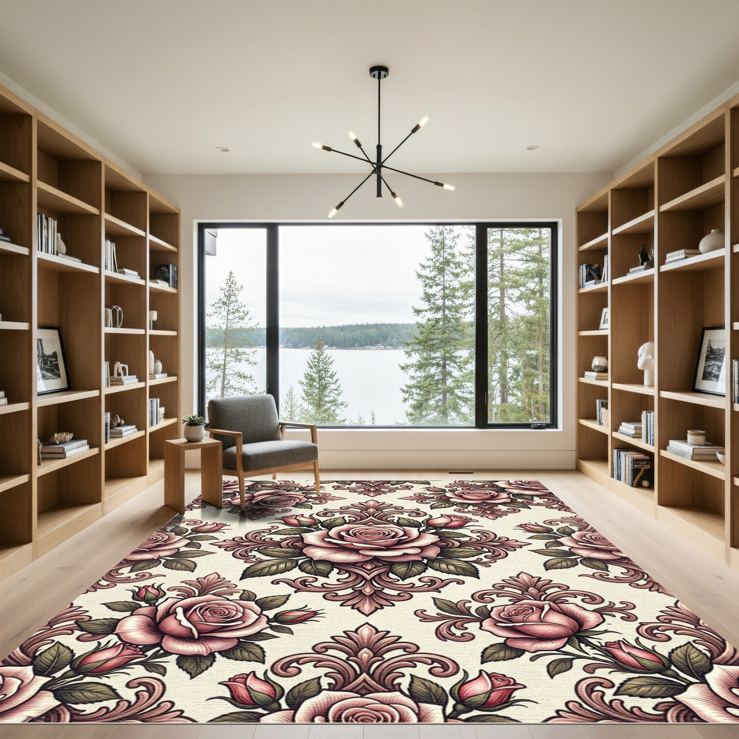 Elegant Blush Rose Damask Floral Rug