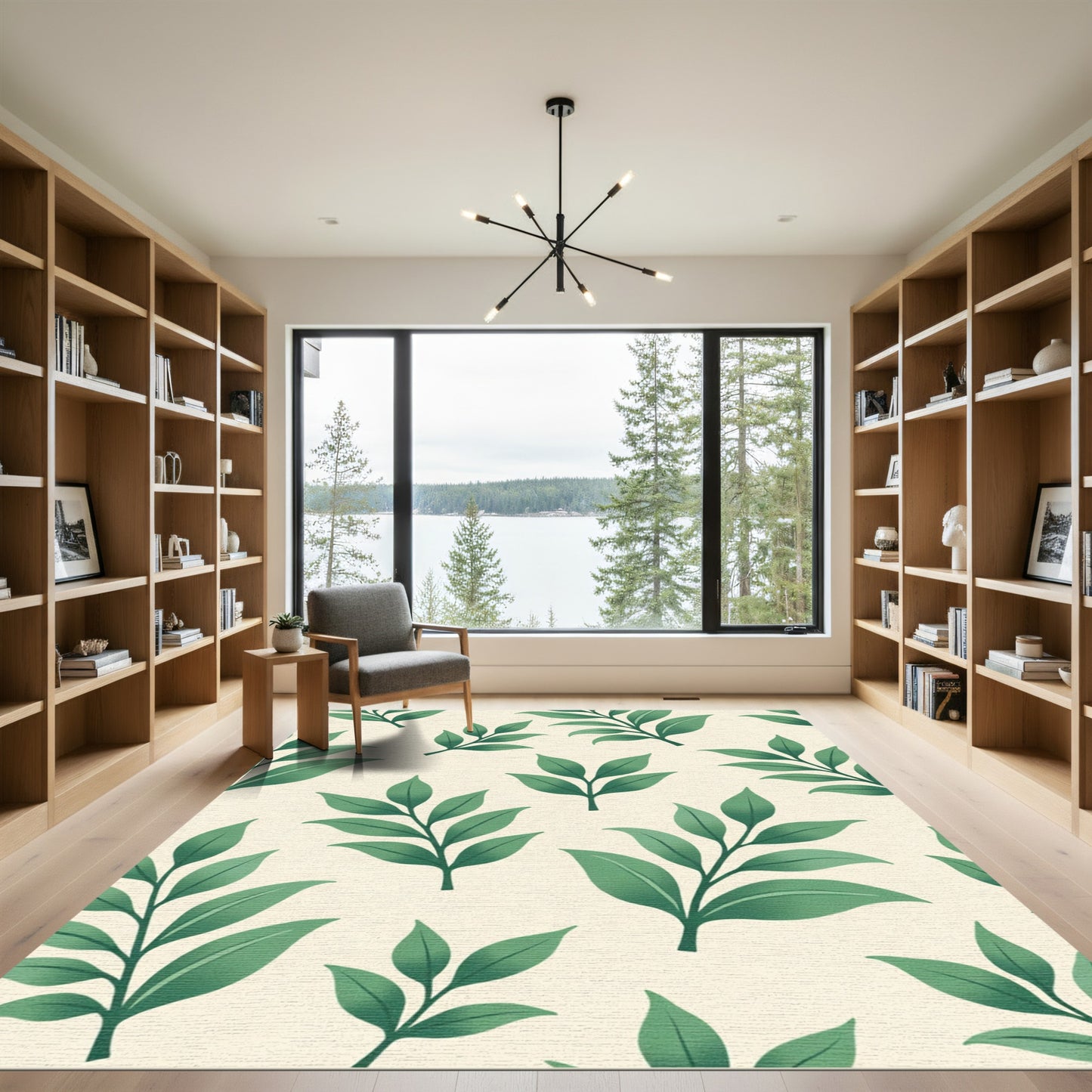 Green Leafy Branches Cream Background Rug