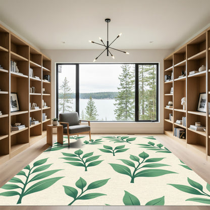 Green Leafy Branches Cream Background Rug