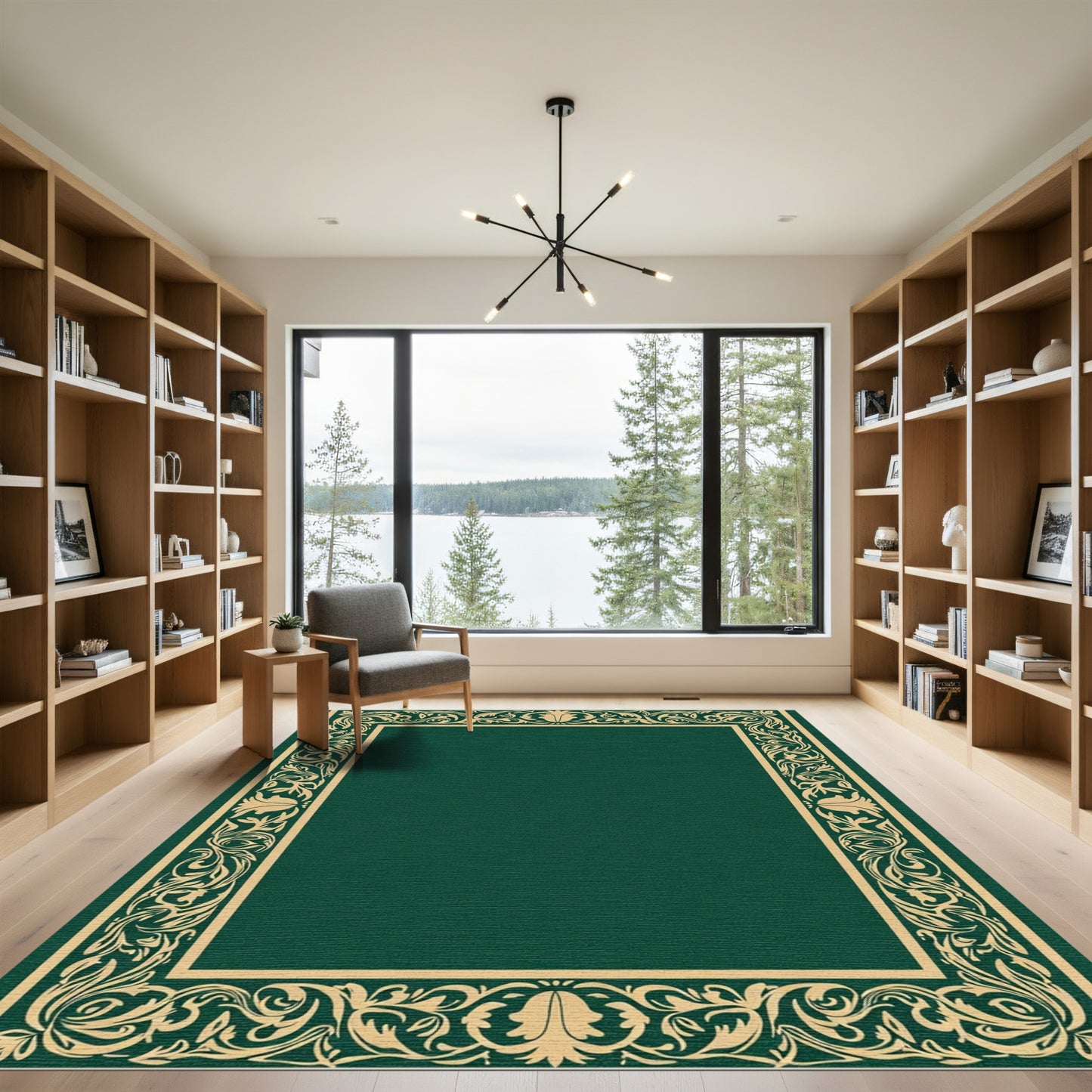 Golden Leaf Border Emerald Green Rug