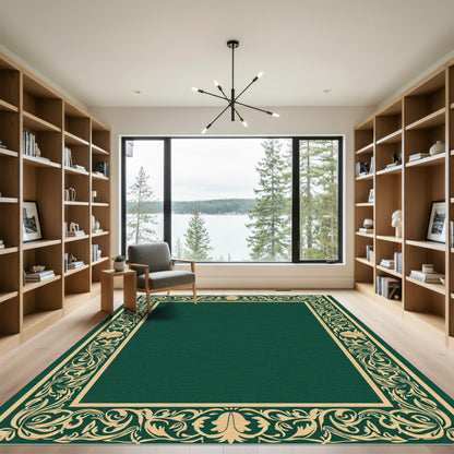 Golden Leaf Border Emerald Green Rug