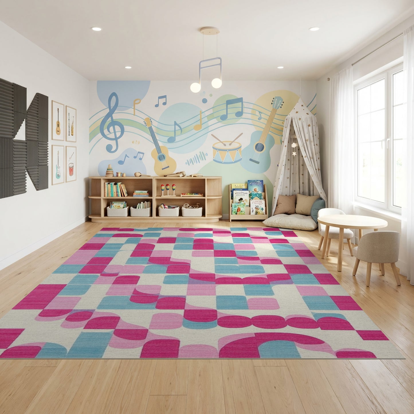 Vibrant Pink Teal Curved Geometric Rug