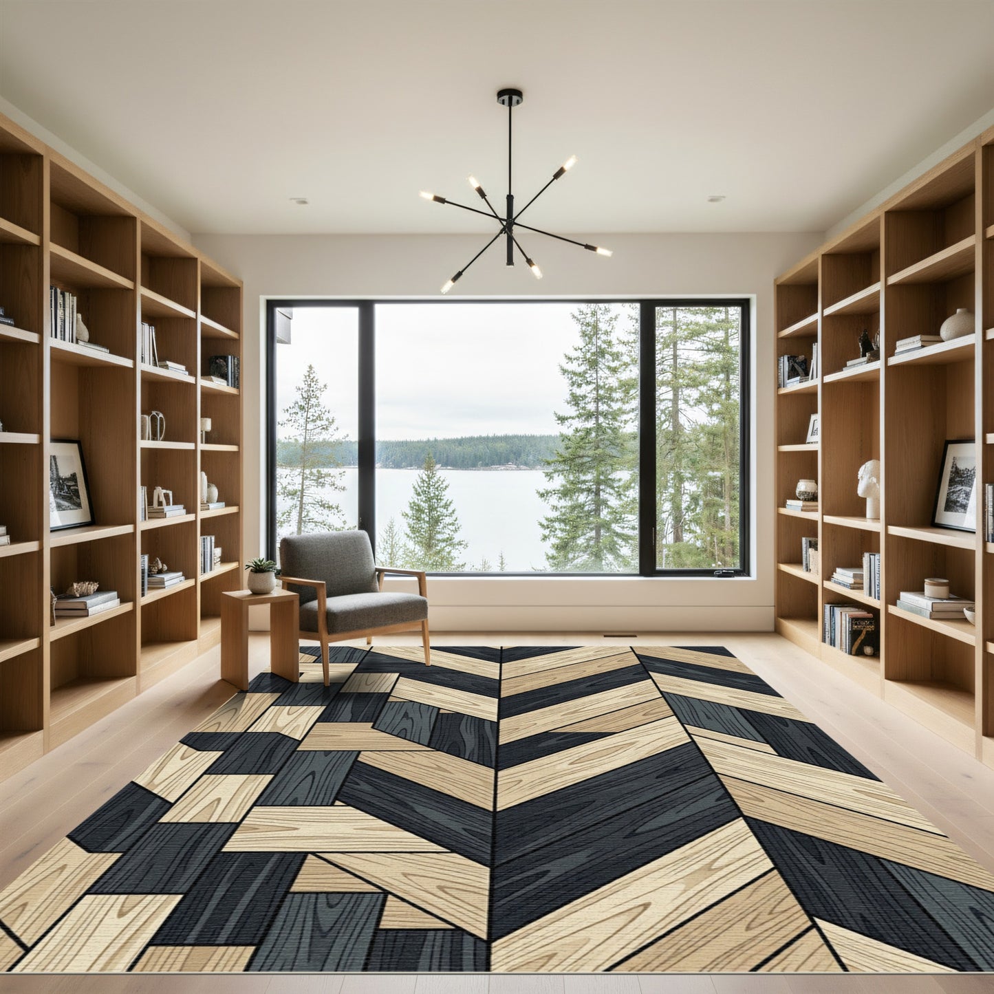 Wood Grain Chevron Geometric Composition Rug
