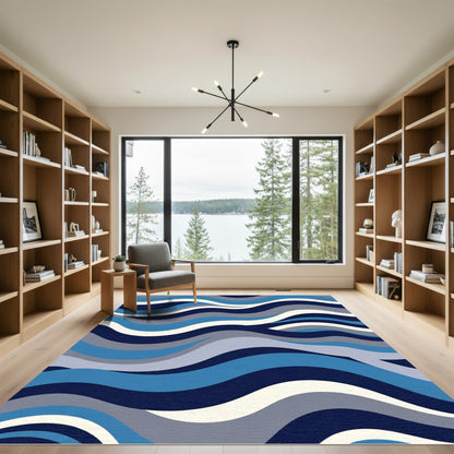 Ocean Blue Wavy Stripe Rug