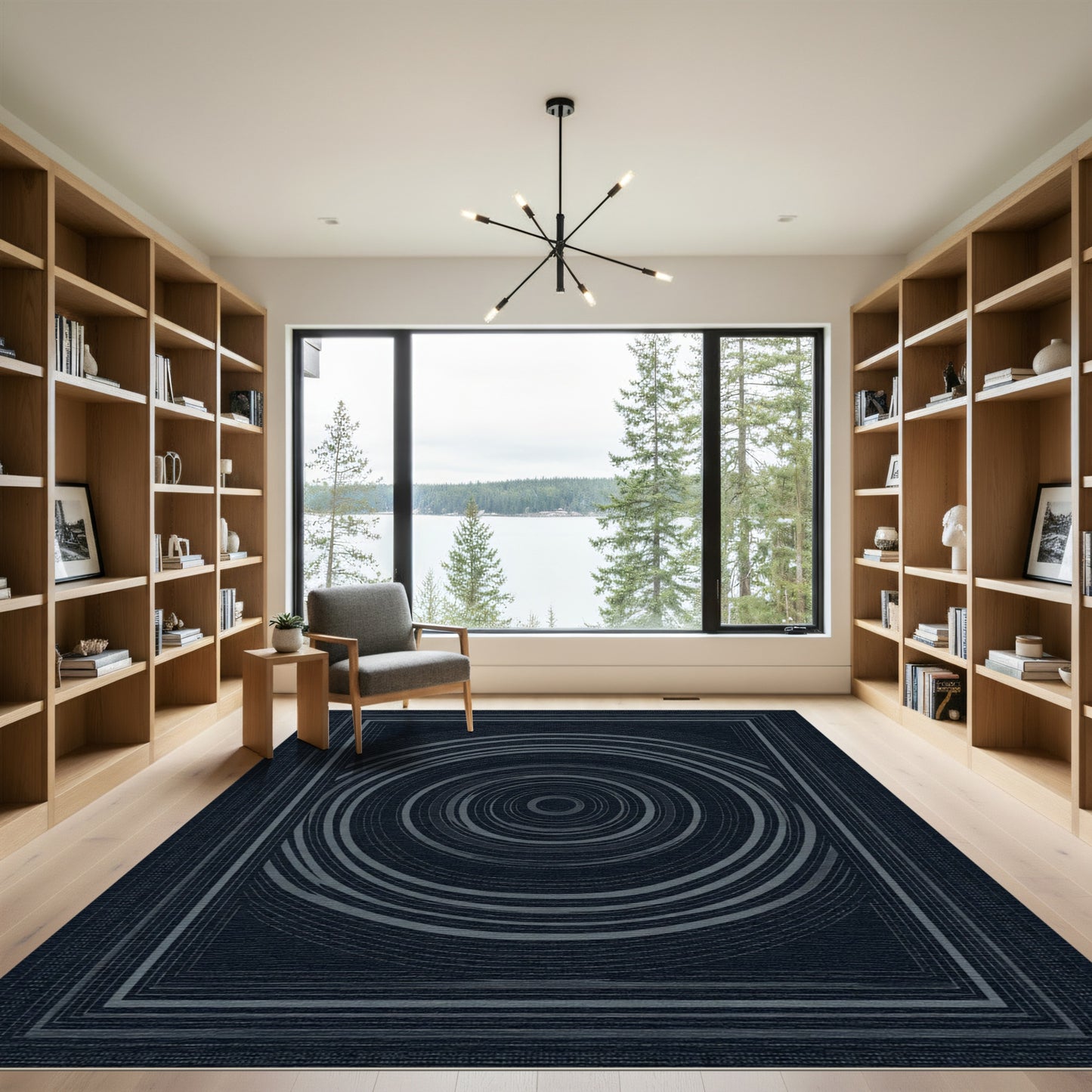 Dark Navy Concentric Circles Frame Rug