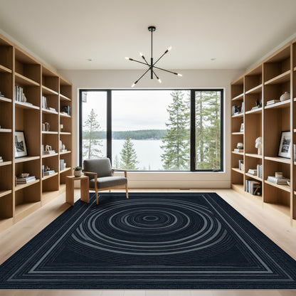 Dark Navy Concentric Circles Frame Rug