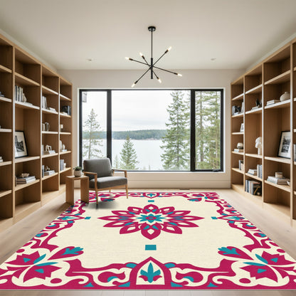 Ornate Crimson Turquoise Bloom Border Rug
