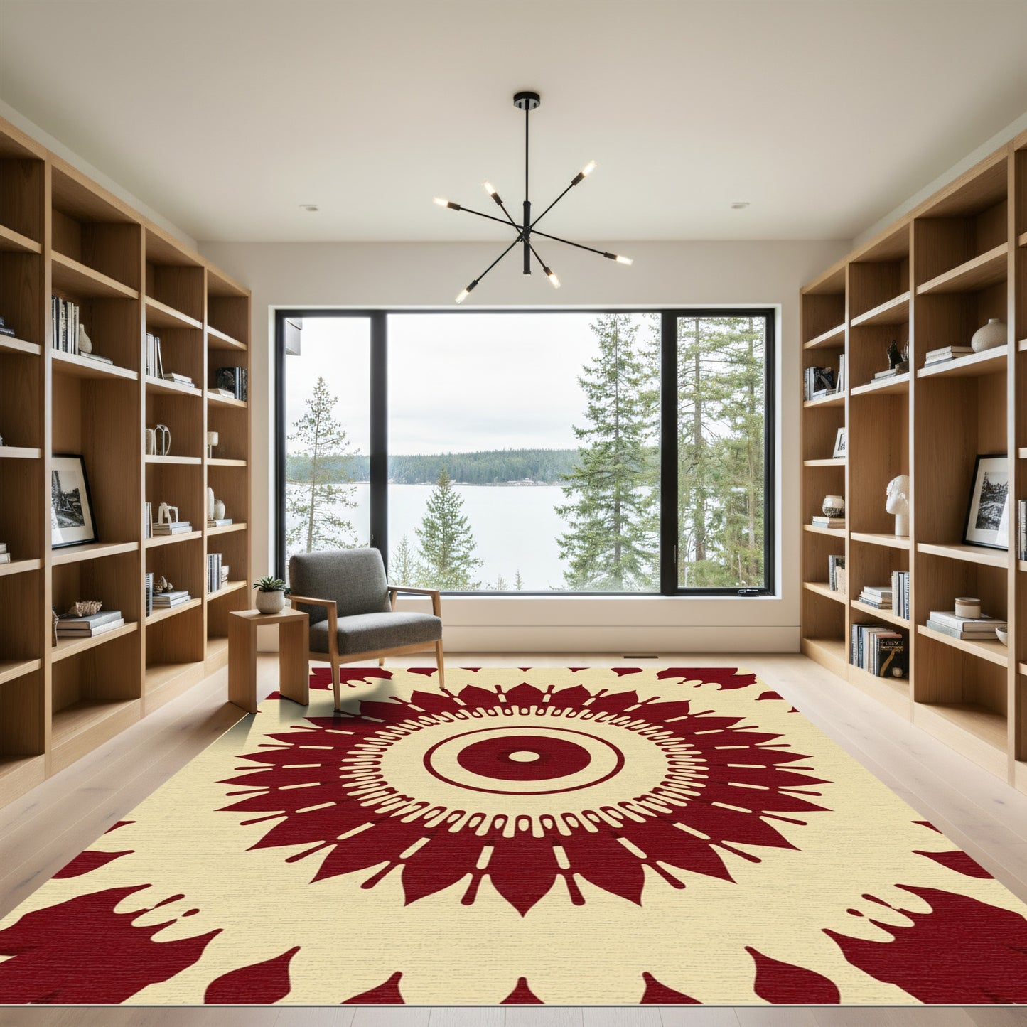 Deep Red Sunburst Mandala Rug