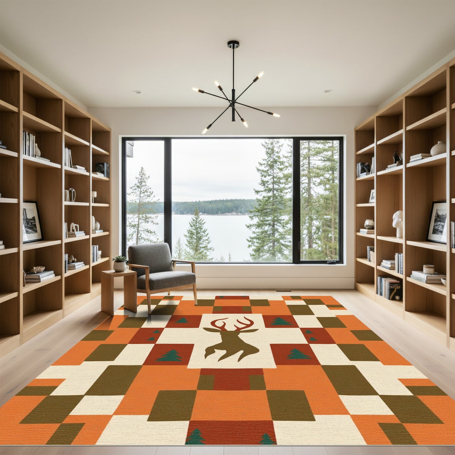 Rustic Deer Forest Quilted Orange Rug