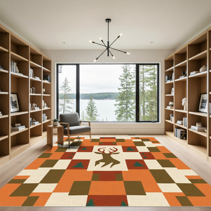 Rustic Deer Forest Quilted Orange Rug