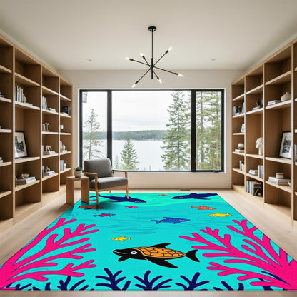 Whimsical Coral Reef Fish Scene Rug