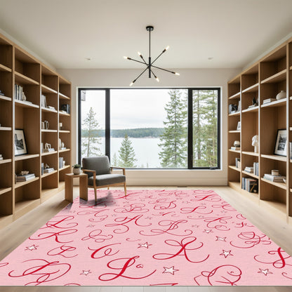 Red Calligraphic Alphabet Stars Rug